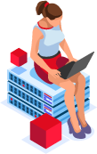 An illustrated seated woman with a laptop on her lap